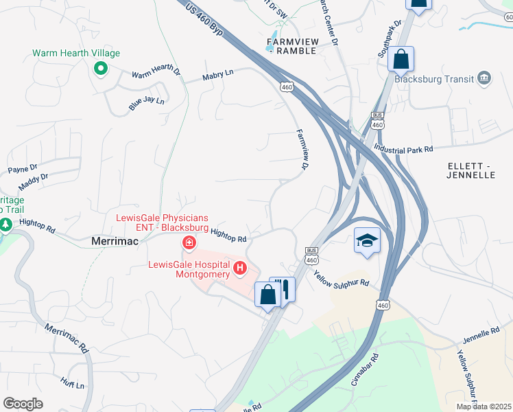 map of restaurants, bars, coffee shops, grocery stores, and more near 3300 Farmview Drive in Blacksburg