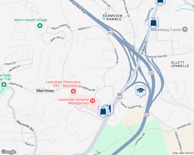map of restaurants, bars, coffee shops, grocery stores, and more near 3300 Farmview Drive in Blacksburg
