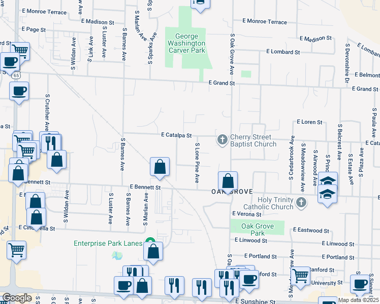map of restaurants, bars, coffee shops, grocery stores, and more near 1237 South Lone Pine Avenue in Springfield