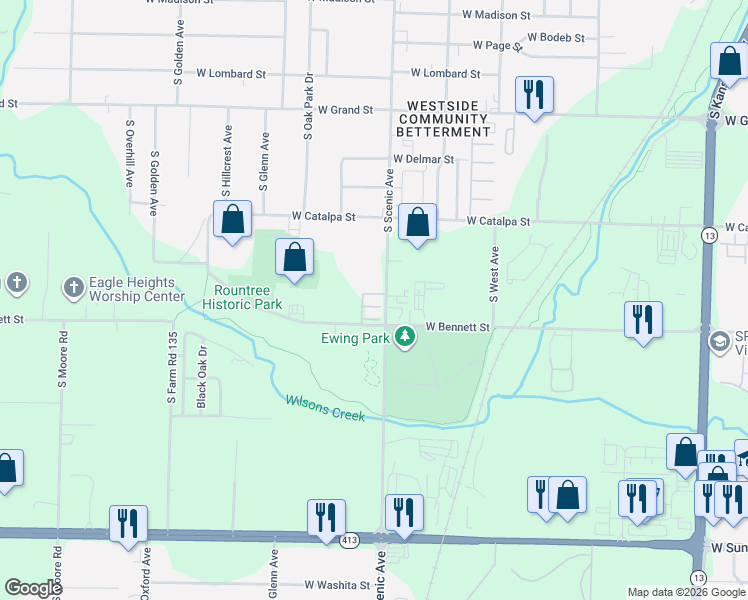 map of restaurants, bars, coffee shops, grocery stores, and more near 1365 South Scenic Avenue in Springfield