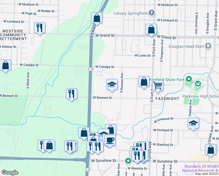 map of restaurants, bars, coffee shops, grocery stores, and more near 1735 South Lexington Avenue in Springfield