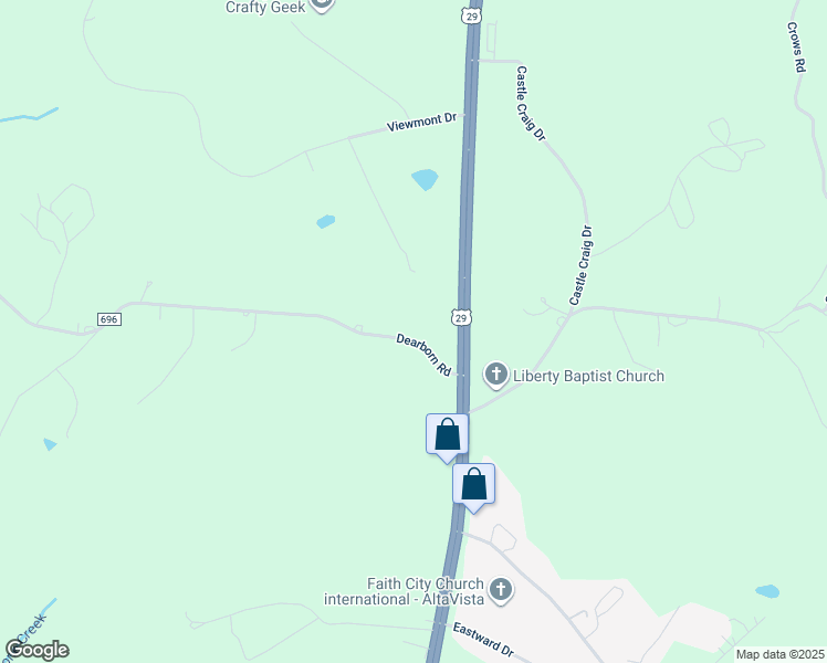 map of restaurants, bars, coffee shops, grocery stores, and more near 145 Dearborn Road in Evington