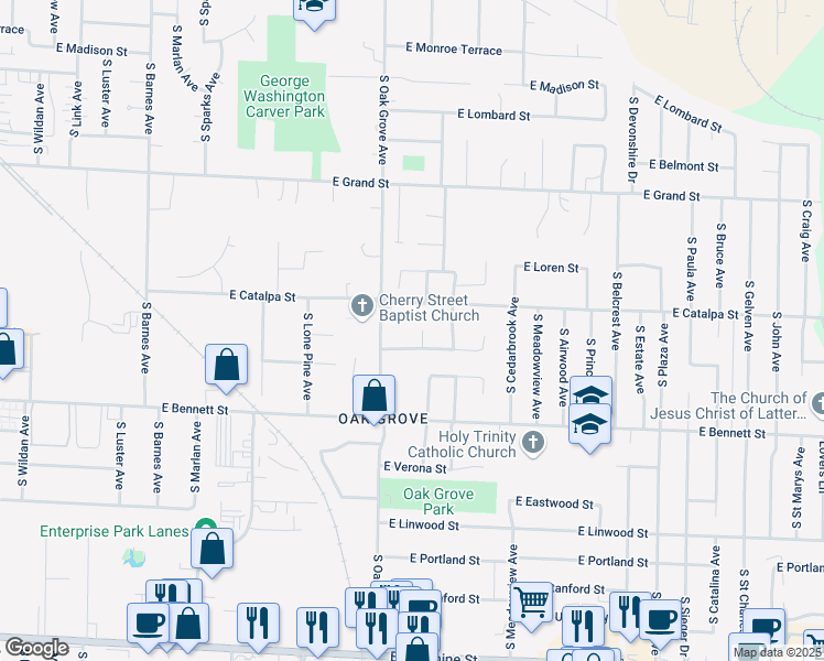 map of restaurants, bars, coffee shops, grocery stores, and more near 1233 South Ventura Avenue in Springfield
