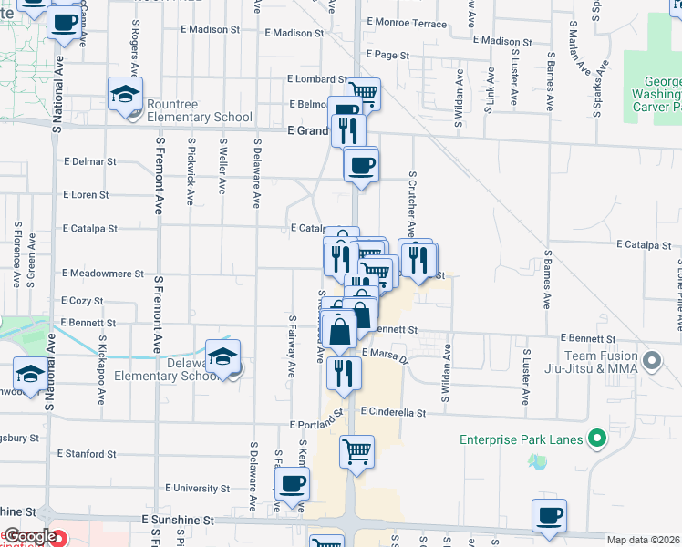 map of restaurants, bars, coffee shops, grocery stores, and more near 1325 South Glenstone Avenue in Springfield