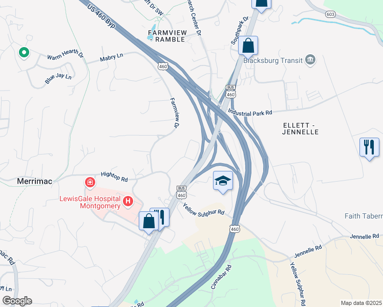 map of restaurants, bars, coffee shops, grocery stores, and more near 3400 South Point Drive in Blacksburg