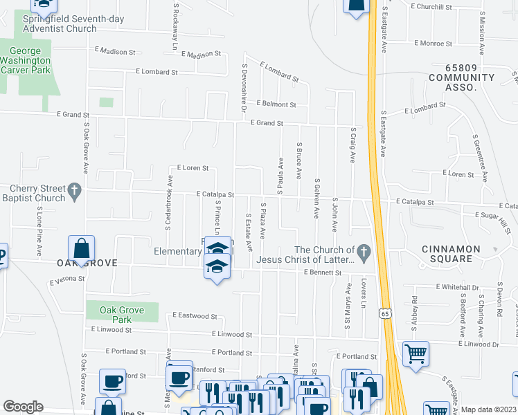 map of restaurants, bars, coffee shops, grocery stores, and more near 1219 South Plaza Avenue in Springfield