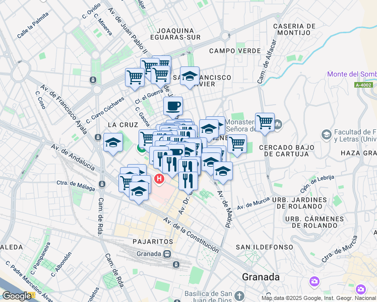 map of restaurants, bars, coffee shops, grocery stores, and more near 41 Avenida de Madrid in Granada