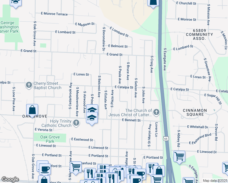 map of restaurants, bars, coffee shops, grocery stores, and more near 1220 South Plaza Avenue in Springfield