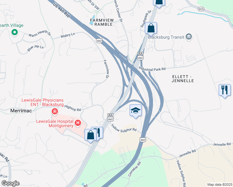 map of restaurants, bars, coffee shops, grocery stores, and more near 3400 South Point Drive in Blacksburg