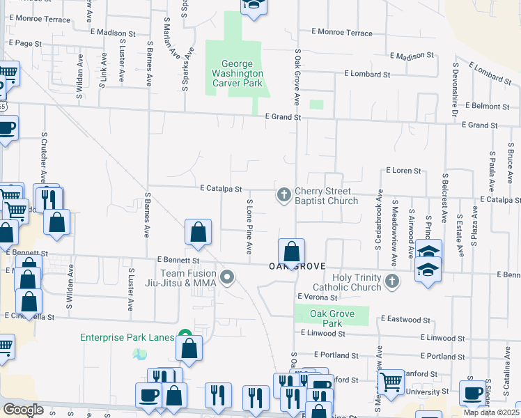 map of restaurants, bars, coffee shops, grocery stores, and more near 2515 East Cedar Lane in Springfield