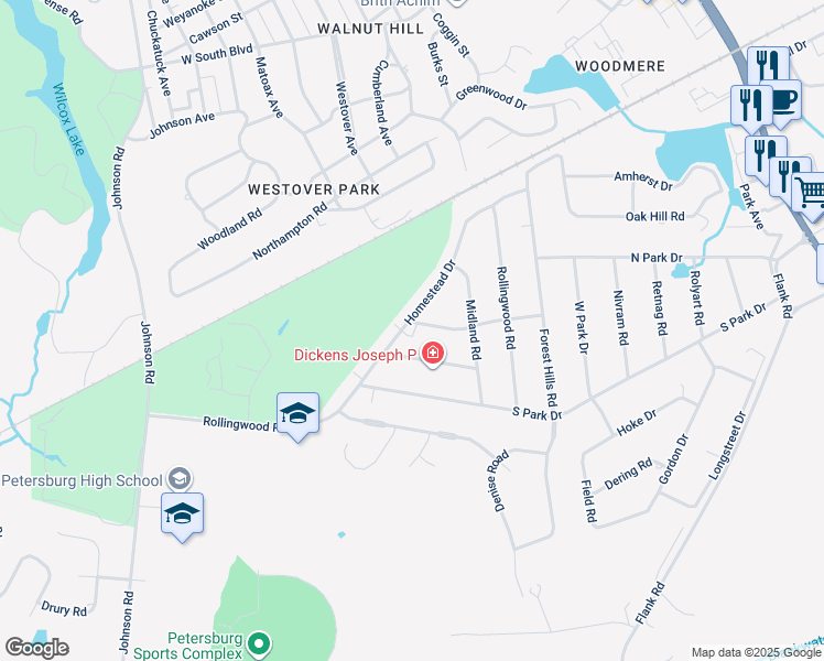 map of restaurants, bars, coffee shops, grocery stores, and more near 960 Valley Drive in Petersburg
