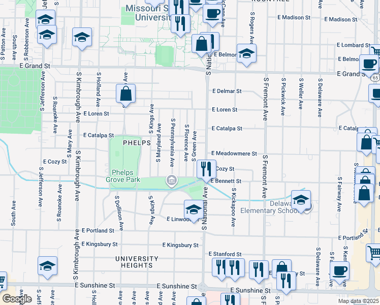 map of restaurants, bars, coffee shops, grocery stores, and more near 1300 South Florence Avenue in Springfield