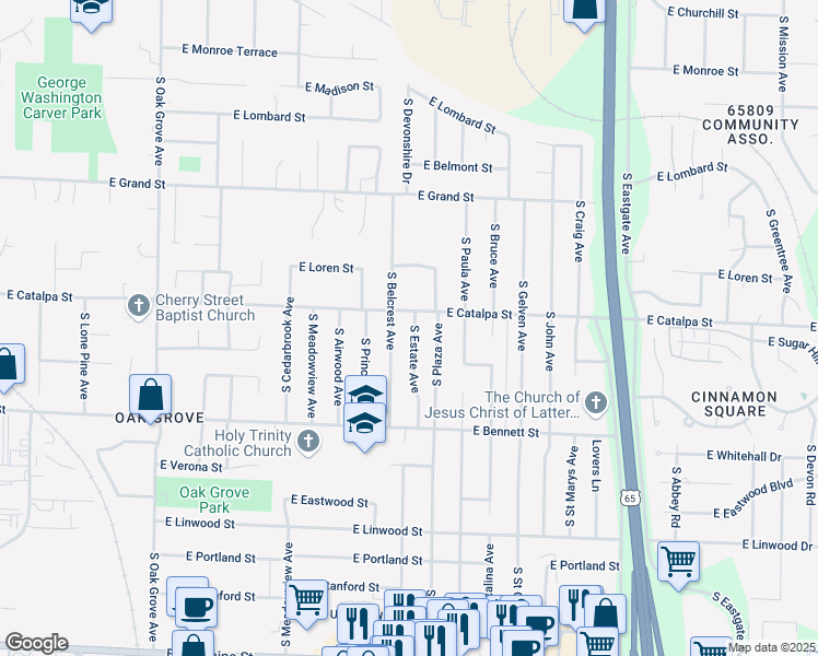 map of restaurants, bars, coffee shops, grocery stores, and more near 1219 South Estate Avenue in Springfield