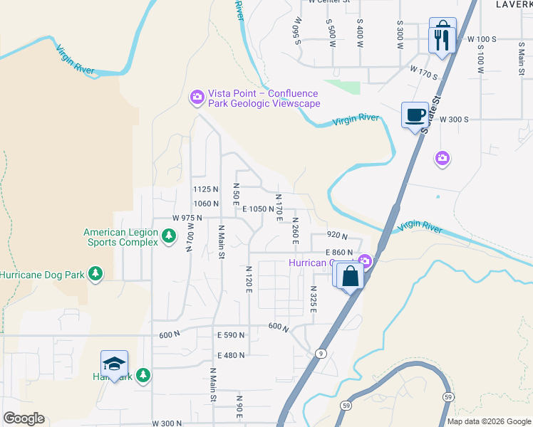 map of restaurants, bars, coffee shops, grocery stores, and more near 130 East 1050 North in Hurricane