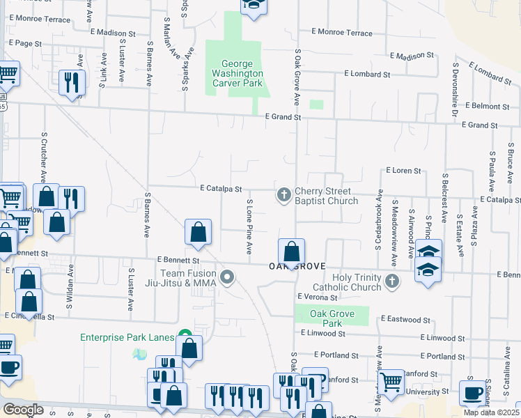 map of restaurants, bars, coffee shops, grocery stores, and more near 2515 East Cedar Lane in Springfield