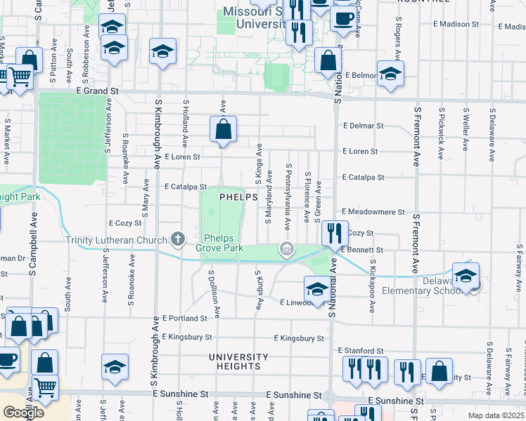 map of restaurants, bars, coffee shops, grocery stores, and more near 1303 South Maryland Avenue in Springfield