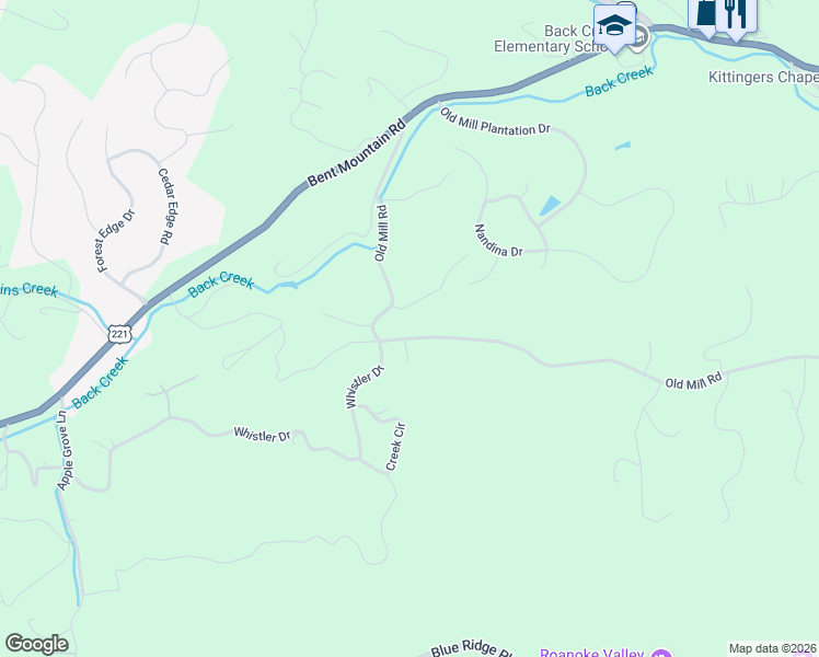 map of restaurants, bars, coffee shops, grocery stores, and more near 7563 Old Mill Road in Roanoke