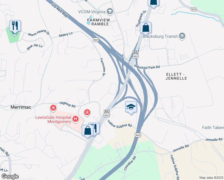 map of restaurants, bars, coffee shops, grocery stores, and more near 3400 South Point Drive in Blacksburg