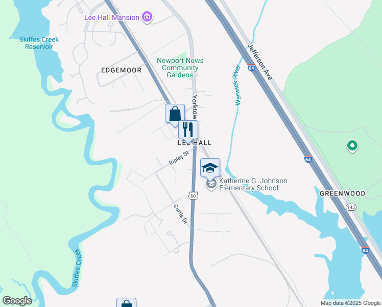 map of restaurants, bars, coffee shops, grocery stores, and more near 17385 Warwick Boulevard in Newport News