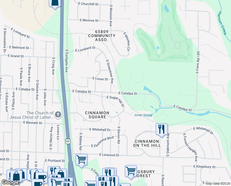 map of restaurants, bars, coffee shops, grocery stores, and more near 3738 East Catalpa Street in Springfield