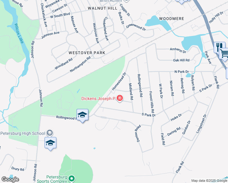 map of restaurants, bars, coffee shops, grocery stores, and more near 960 Valley Drive in Petersburg