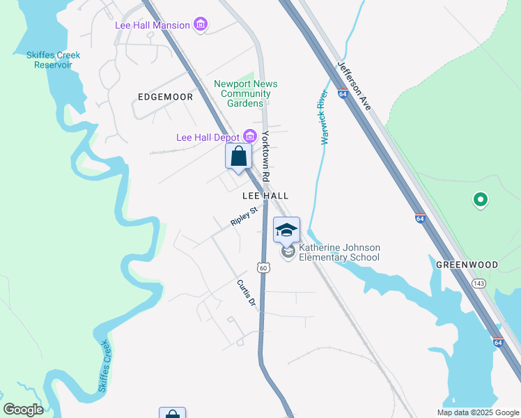 map of restaurants, bars, coffee shops, grocery stores, and more near 17385 Warwick Boulevard in Newport News