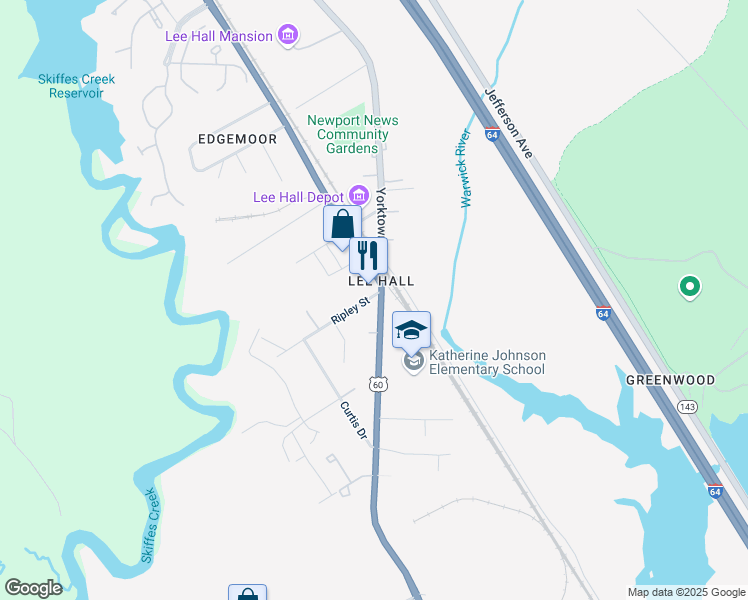 map of restaurants, bars, coffee shops, grocery stores, and more near 17385 Warwick Boulevard in Newport News