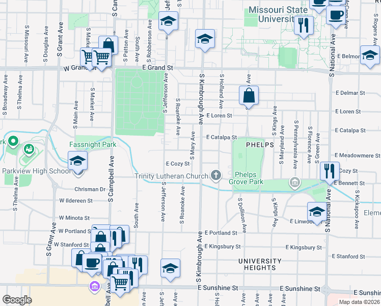 map of restaurants, bars, coffee shops, grocery stores, and more near 526 East Meadowmere Street in Springfield