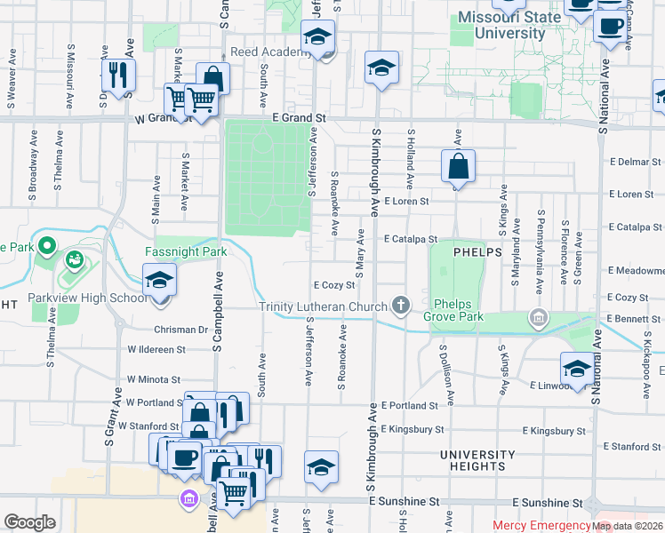 map of restaurants, bars, coffee shops, grocery stores, and more near 418 East Meadowmere Street in Springfield