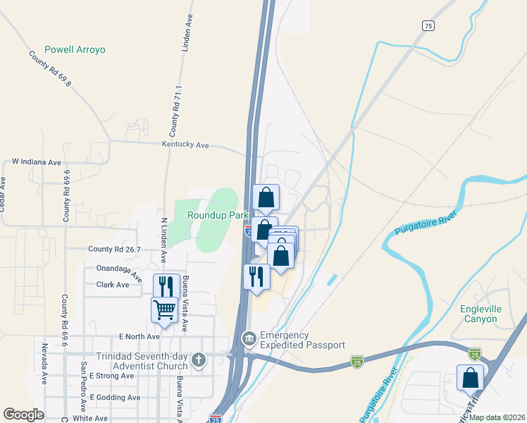 map of restaurants, bars, coffee shops, grocery stores, and more near 1000 Independence Road in Trinidad