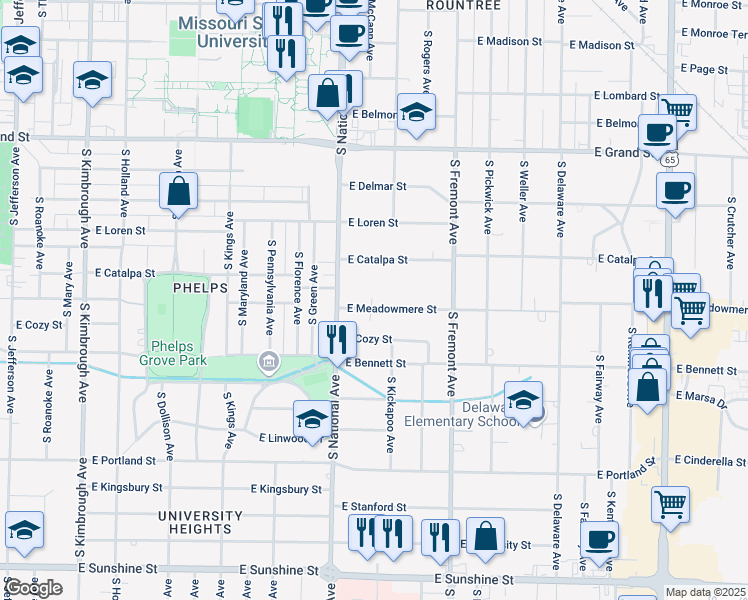 map of restaurants, bars, coffee shops, grocery stores, and more near 1243 East Meadowmere Street in Springfield