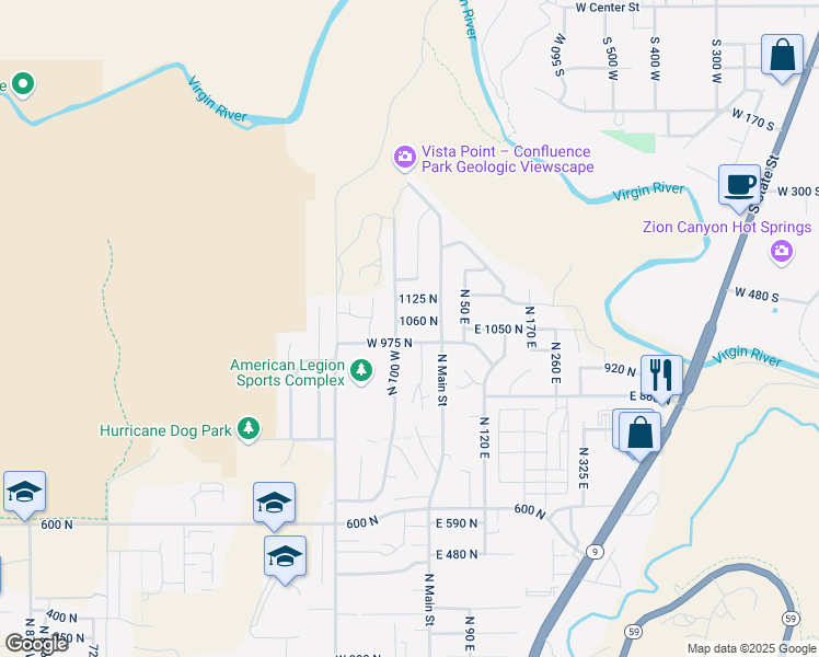 map of restaurants, bars, coffee shops, grocery stores, and more near 59 1060 North in Hurricane