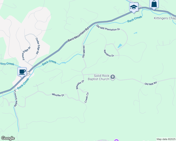 map of restaurants, bars, coffee shops, grocery stores, and more near 7571 Old Mill Road in Roanoke