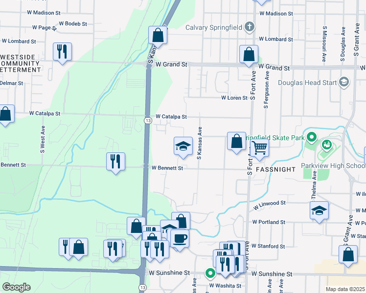 map of restaurants, bars, coffee shops, grocery stores, and more near 1735 South Lexington Avenue in Springfield