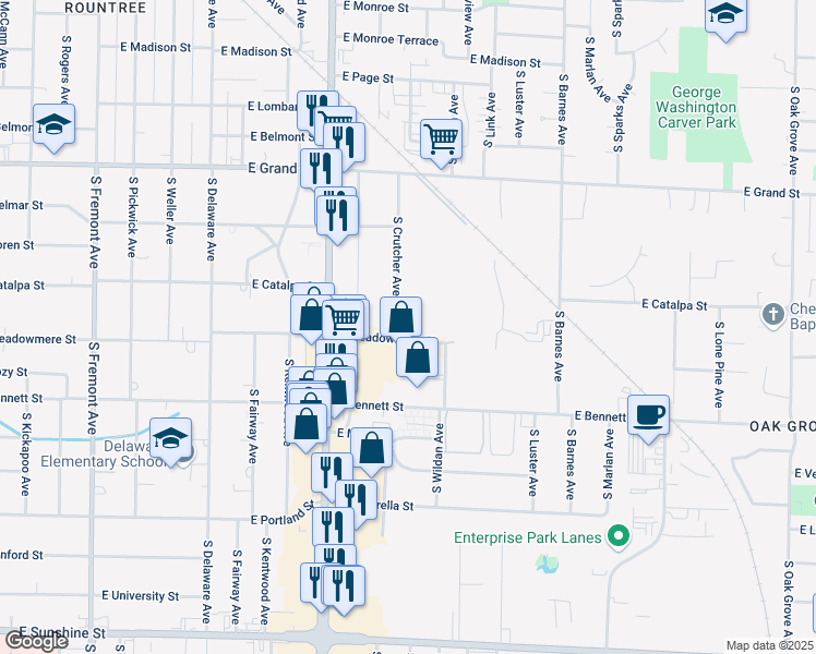 map of restaurants, bars, coffee shops, grocery stores, and more near 1299 South Crutcher Avenue in Springfield