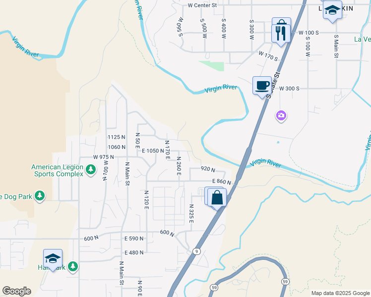 map of restaurants, bars, coffee shops, grocery stores, and more near 273 East 1050 North in Hurricane