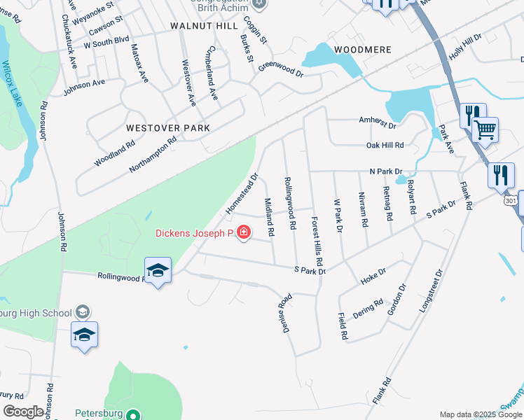 map of restaurants, bars, coffee shops, grocery stores, and more near 2846 Midland Road in Petersburg