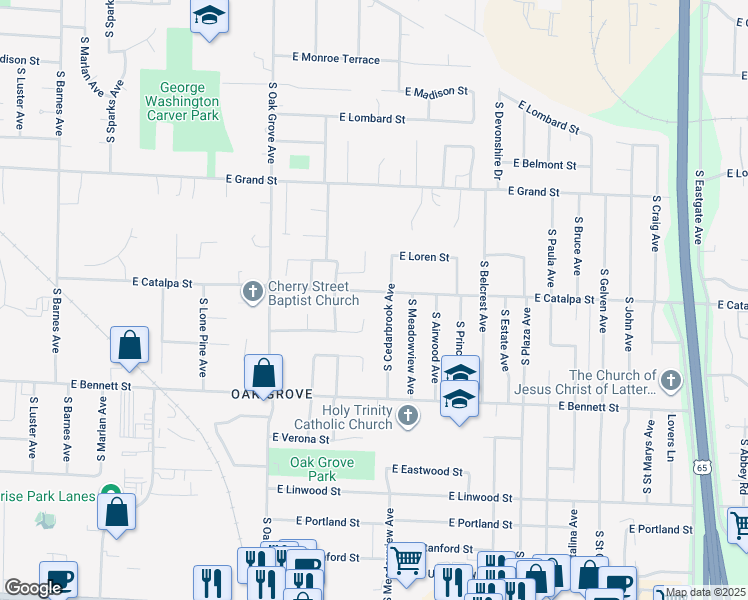 map of restaurants, bars, coffee shops, grocery stores, and more near 1222 South Saratoga Avenue in Springfield