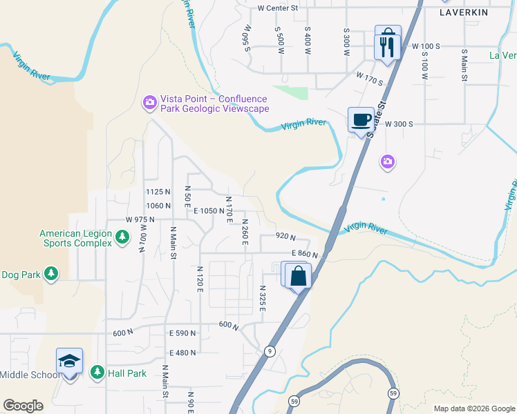 map of restaurants, bars, coffee shops, grocery stores, and more near 281 East 1050 North in Hurricane