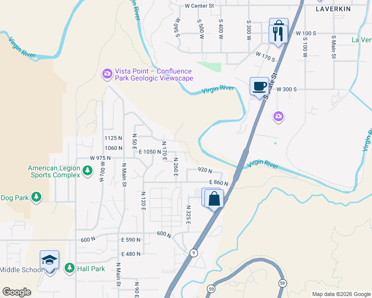 map of restaurants, bars, coffee shops, grocery stores, and more near 281 East 1050 North in Hurricane