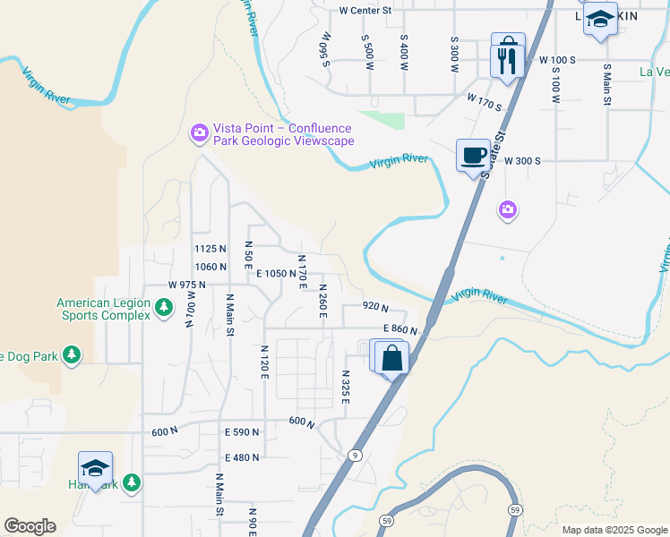 map of restaurants, bars, coffee shops, grocery stores, and more near 273 East 1050 North in Hurricane