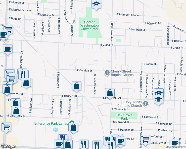 map of restaurants, bars, coffee shops, grocery stores, and more near 1237 South Lone Pine Avenue in Springfield