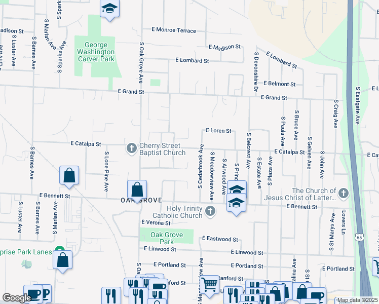 map of restaurants, bars, coffee shops, grocery stores, and more near 1222 South Saratoga Avenue in Springfield