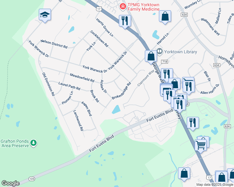 map of restaurants, bars, coffee shops, grocery stores, and more near 300 Brokenbridge Road in Yorktown