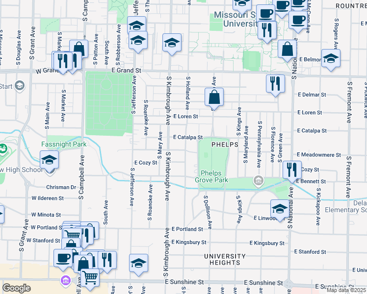 map of restaurants, bars, coffee shops, grocery stores, and more near 616 East Meadowmere Street in Springfield