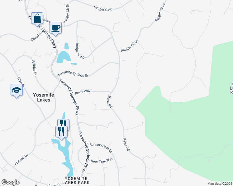 map of restaurants, bars, coffee shops, grocery stores, and more near 30499 Revis Road in Coarsegold