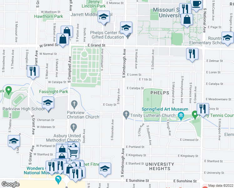 map of restaurants, bars, coffee shops, grocery stores, and more near 527 East Meadowmere Street in Springfield