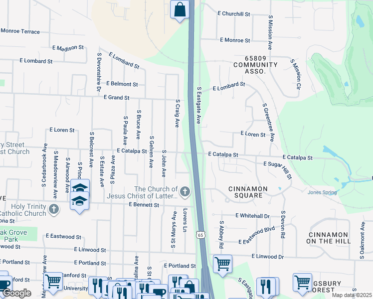 map of restaurants, bars, coffee shops, grocery stores, and more near 3349 East Catalpa Street in Springfield