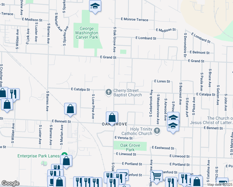 map of restaurants, bars, coffee shops, grocery stores, and more near 1233 South Ventura Avenue in Springfield