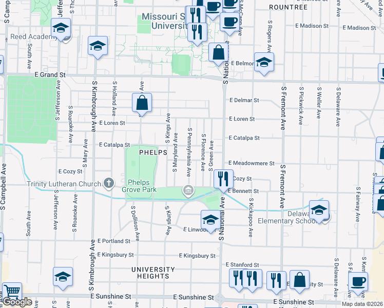 map of restaurants, bars, coffee shops, grocery stores, and more near 1214 South Pennsylvania Avenue in Springfield